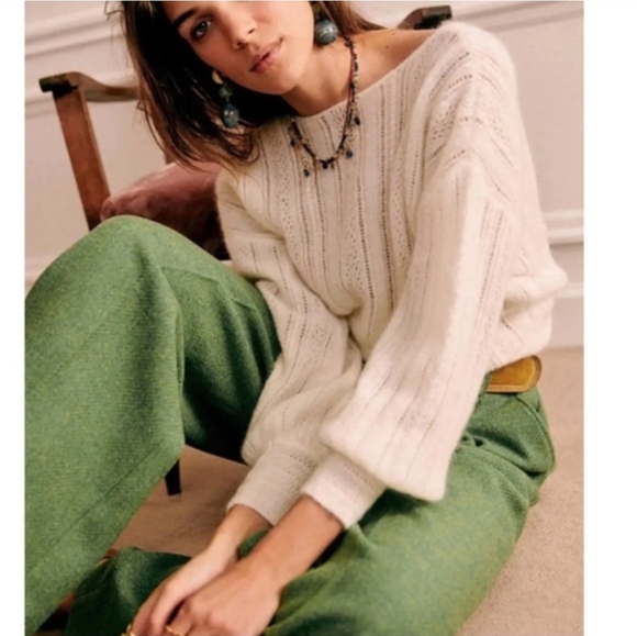 SÉZANE Cristina Cream Mohair Wool Crossover V Neck Crossover  Pointelle Sweater - Picture 4 of 16